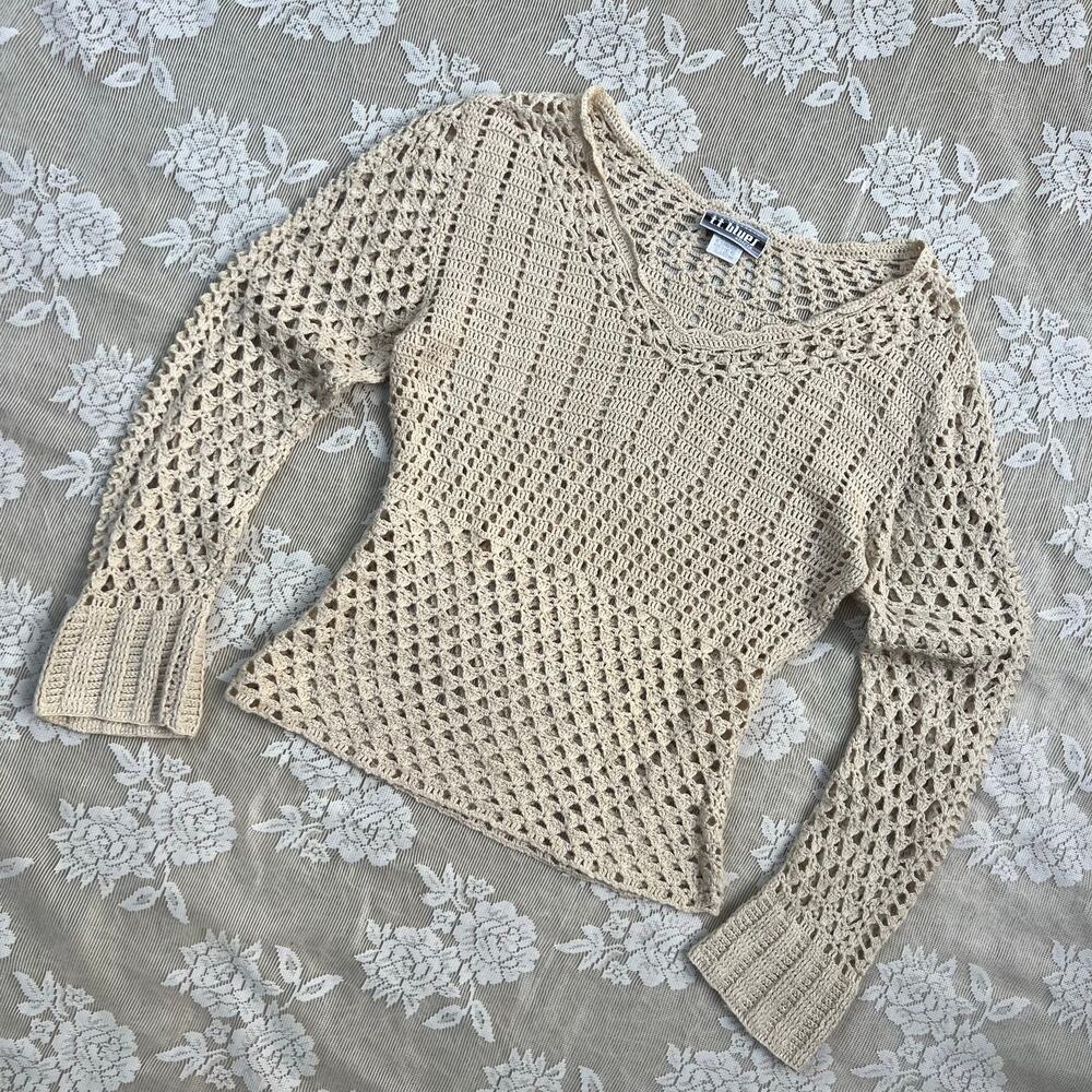 Vintage T.T. Blues Cream Crochet Knit Sweater Size M